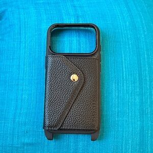 Black Pebbled Leather Iphone 17 Pro Crossbody Wallet Case with Strap